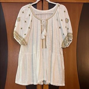 NWOT Lucky Brand Ivory Embroidered Peasant Blouse w/Tiering, Tie w/Tassels